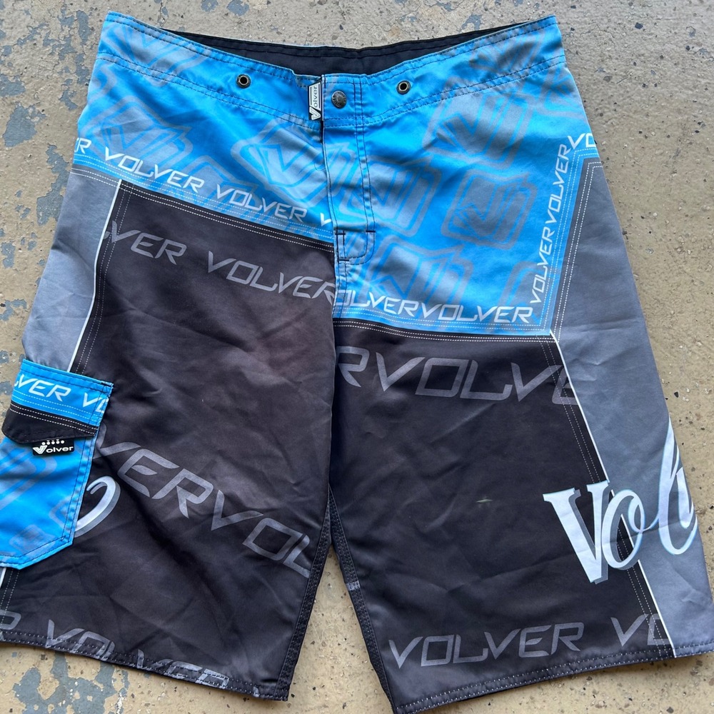 Vintage Volver Board Shorts Mens 34 Blue Black Y2K Logo Surf Swim Trunks 2000s